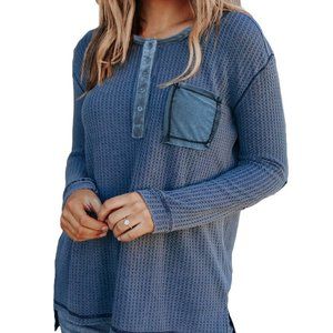 Blue Distressed Henley *ALL ITEMS ARE NEW FROM MY CLOSED BOUTIQUE* #9174
